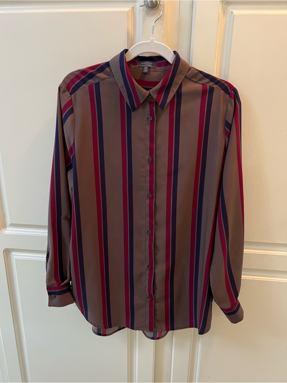 Madison Striped Button-Down Shirt in Taupe with Burgundy & Blue Stripes